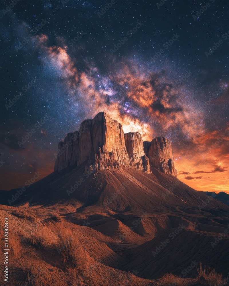 Obraz premium Majestic Mountain Under a Celestial Tapestry of Milky Way Galaxy Stars in a Desert Landscape at Night
