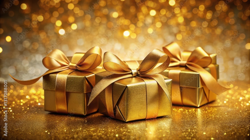 Luxurious Gold Gift Boxes with Elegant Ribbons on Sparkling Background Luxurious Gold Gift Boxes with Elegant Ribbons on Sparkling Background
