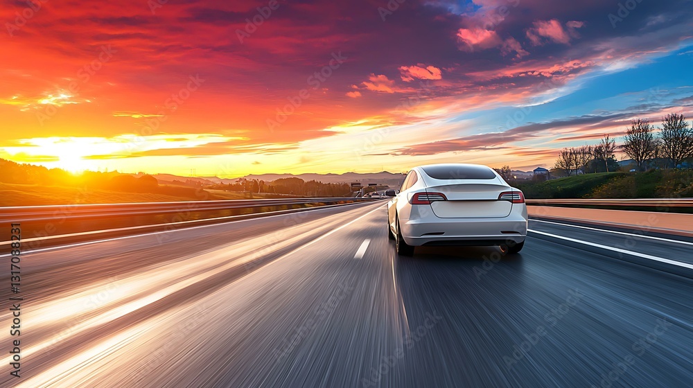 Fototapeta premium Self-driving electric car on a futuristic highway at sunset, clean energy innovation