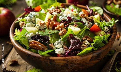 Apple, pecan, and blue cheese salad in wooden bowl on rustic table