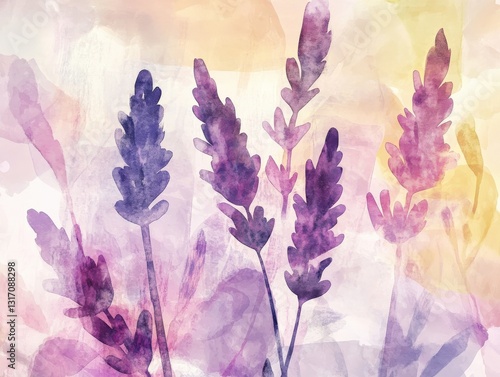 Lavender blooms reimagined as abstract shapes in pastel and watercolor tones