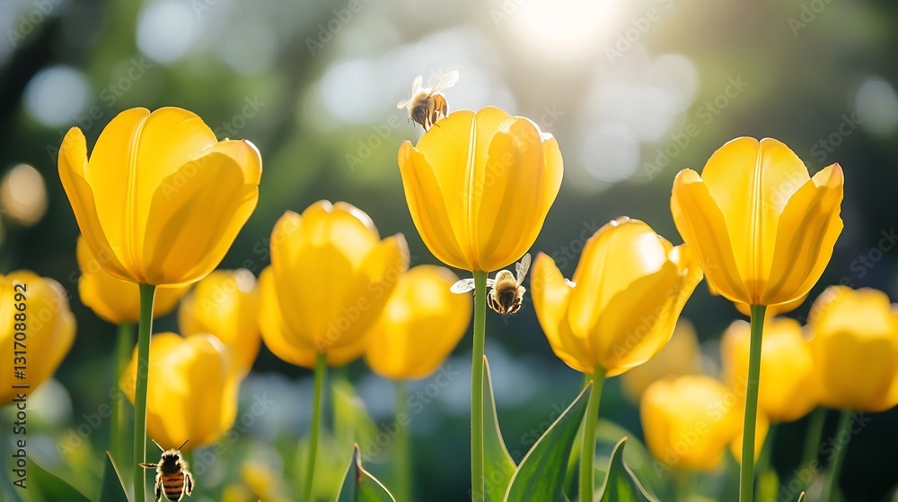 Fototapeta premium Golden tulips bask in warm sunlight bees busily pollinate. AI Generated