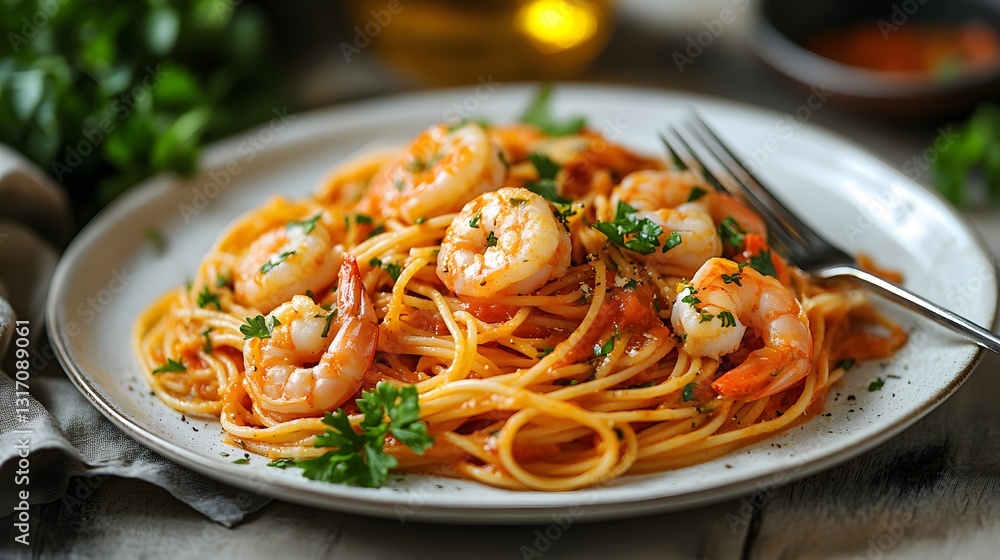 Shrimp pasta with perfectly cooked spaghetti sits on elegant white plate, showcasing succulent shrimp, fresh parsley, and rich tomato sauce in warm, appetizing colors on clean table setting. Shrimp pasta with perfectly cooked spaghetti sits on elegant white plate, showcasing succulent shrimp, fresh parsley, and rich tomato sauce in warm, appetizing colors on clean table setting.