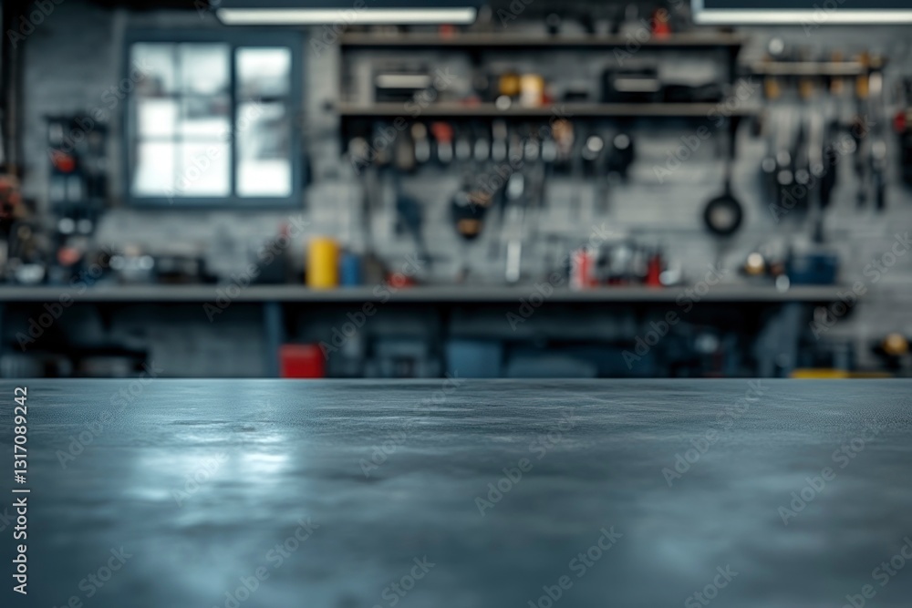 Obraz premium Workshop Table Surface with Blurred Tool Background for Product Display