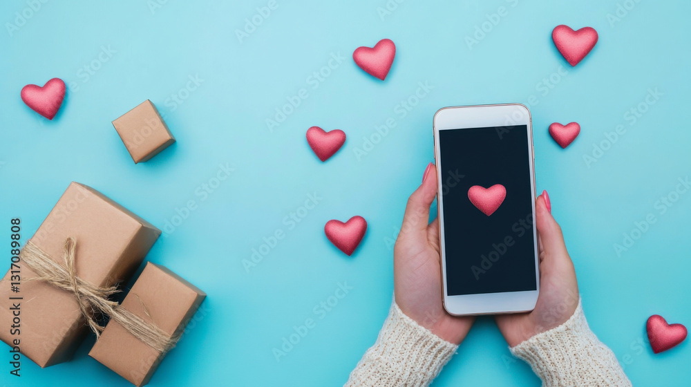 Hands holding a smartphone displaying heart symbol with packages on blue background during a creative workspace moment Hands holding a smartphone displaying heart symbol with packages on blue background during a creative workspace moment