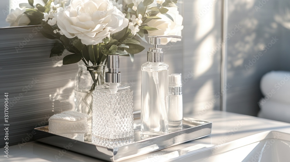 Fototapeta premium Modern bathroom vanity with flowers and toiletries