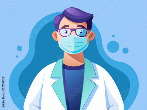 dentist in a light blue coat with a face mask and latex gloves