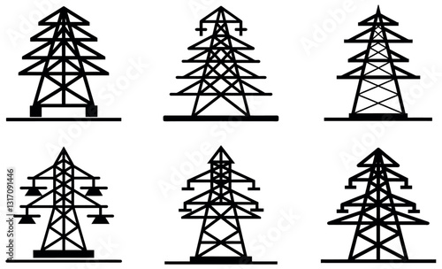 Black Outline Illustrations of High-Voltage Power Transmission Towers