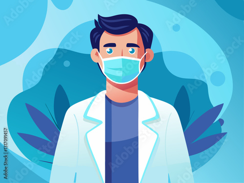 dentist in a light blue coat with a face mask and latex gloves