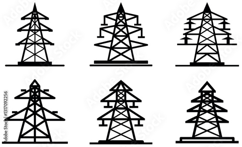 Black Outline Illustrations of High-Voltage Power Transmission Towers