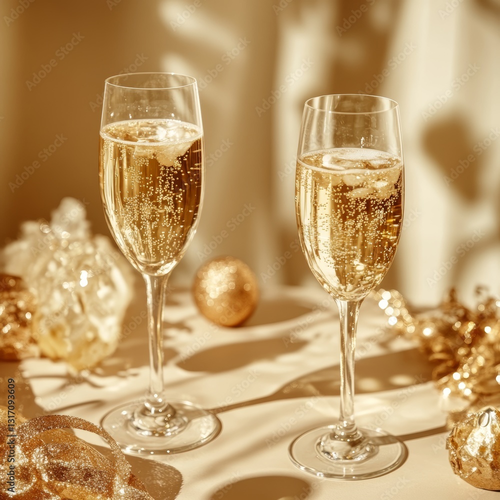 Golden Card on Cocktail Party Table with Prosecco and Flat Lay Setup Golden Card on Cocktail Party Table with Prosecco and Flat Lay Setup