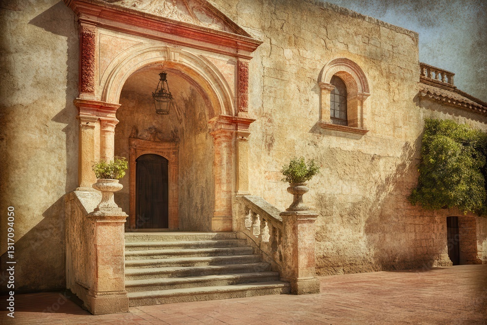 Naklejka premium Vintage Italian villa entrance, courtyard, steps