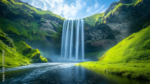 Majestic tall waterfall cascades down moss-covered cliffs into lush green meadow, under vibrant blue sky with silky smooth water flow, showcasing pristine wilderness in dramatic landscape.