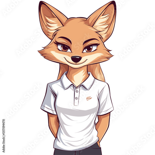 Girl Coyote wearing a white polo shirt, full body, animated style, isolate on white, vector graphic, clean lines

