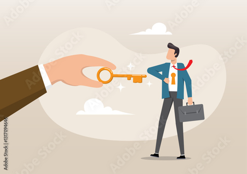 A coach holding the success golden key to unlock the employee keyhole