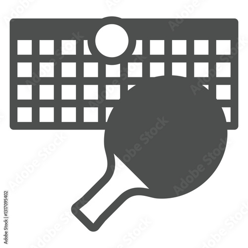 Stretched net with racket and ball solid icon, tennis game concept. Vector graphics. Racket net ball sign on white background, glyph style icon for mobile or web design.
