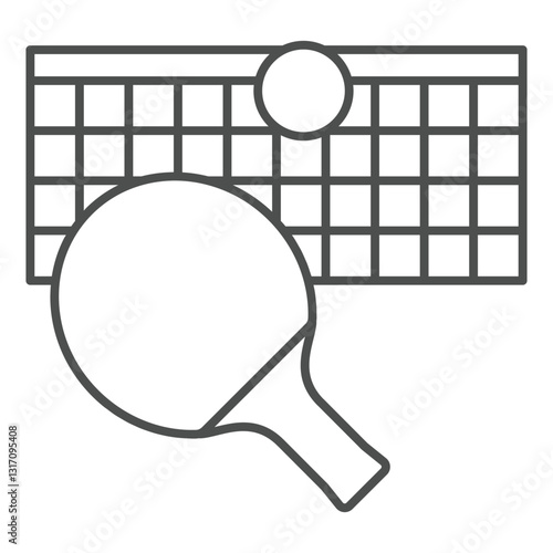 Stretched net with racket and ball thin line icon, tennis game concept. Vector graphics. Racket net ball sign on white background, outline style icon for mobile or web design.