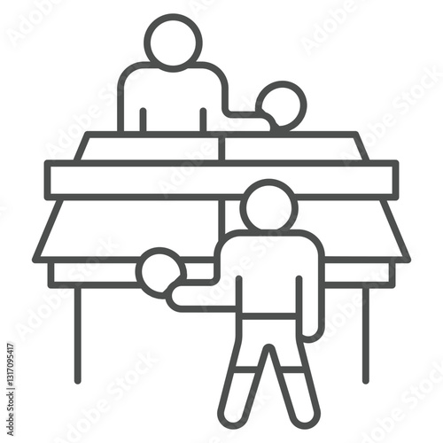 Tennis players and table thin line icon, tennis concept. Vector graphics. Two man playing tennis sign on white background, outline style icon for mobile or web design.