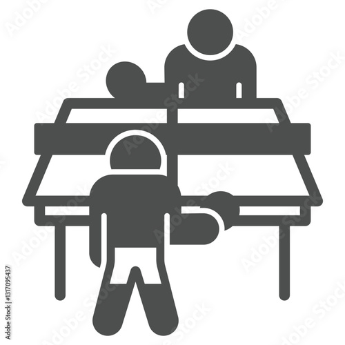 Tennis players and table solid icon, tennis concept. Vector graphics. Two man playing tennis sign on white background, glyph style icon for mobile or web design.
