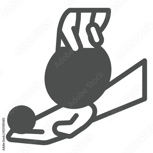 Player hand serve ball in game solid icon, tennis game concept. Vector graphics. Hand with plastic sport ball sign on white background, glyph style icon for mobile or web design.