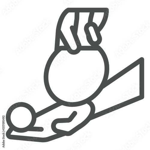 Player hand serve ball in game line icon, tennis game concept. Vector graphics. Hand with plastic sport ball sign on white background, outline style icon for mobile or web design.