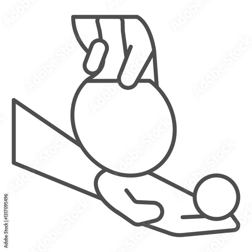Player hand serve ball in game thin line icon, tennis game concept. Vector graphics. Hand with plastic sport ball sign on white background, outline style icon for mobile or web design.