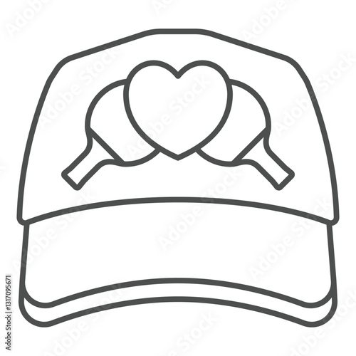 Sport hat with rackets and heart thin line icon, tennis game concept. Vector graphics. Favorite sport headwear sign on white background, outline style icon for mobile or web design.