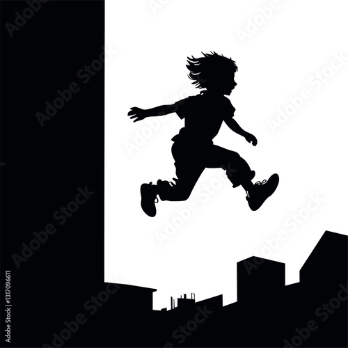 Illustration of a silhouette of a child doing parkour.

