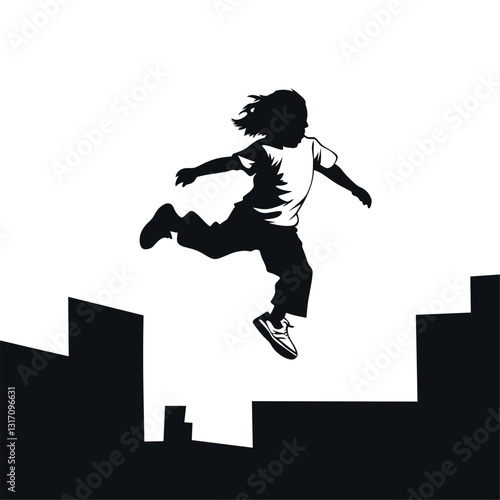 Illustration of a silhouette of a child doing parkour.

