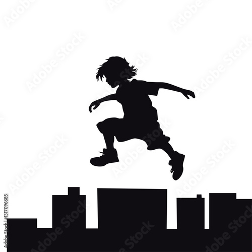 Illustration of a silhouette of a child doing parkour.

