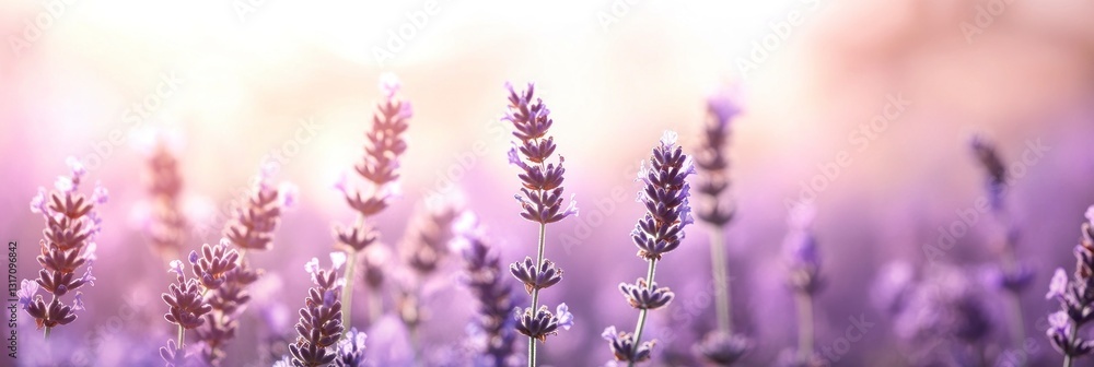 Naklejka premium Blooming Lavender Field with Soft Light for Aromatherapy and Relaxation