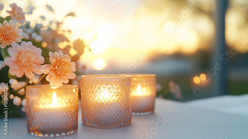 Softly glowing candles on table, surrounded by flowers, create warm and inviting atmosphere at sunset. delicate light enhances serene ambiance
