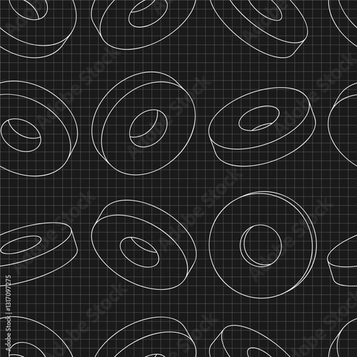 Mechanical engineering drawings on black background. Cutter, assembly tool with replaceable multi-faceted plate. Technical Design. Cover. Blueprint. Vector illustration. Seamless pattern.