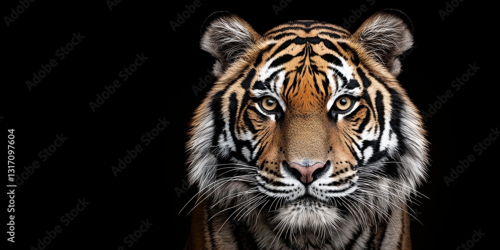 Majestic Tiger Face with Intense Gaze and Striking Stripes on Black Background Majestic Tiger Face with Intense Gaze and Striking Stripes on Black Background