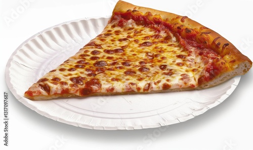 Cheese pizza slice on paper plate, simple meal, white background, food photography