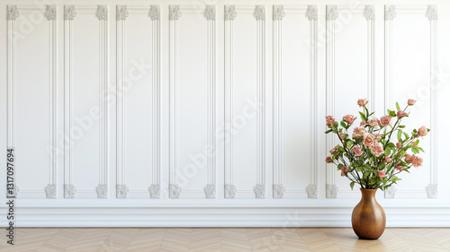 decorative wall with intricate paneling features vase filled with pink roses, adding touch of elegance to interior space. warm wooden floor complements overall aesthetic