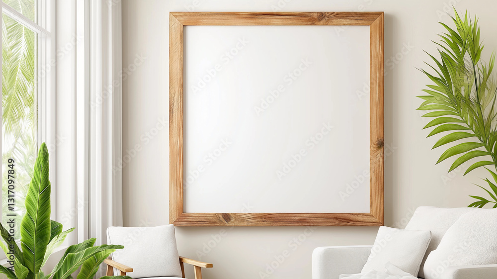 wooden frame mockup is displayed in bright, modern living room with plants and soft furnishings, creating serene atmosphere wooden frame mockup is displayed in bright, modern living room with plants and soft furnishings, creating serene atmosphere