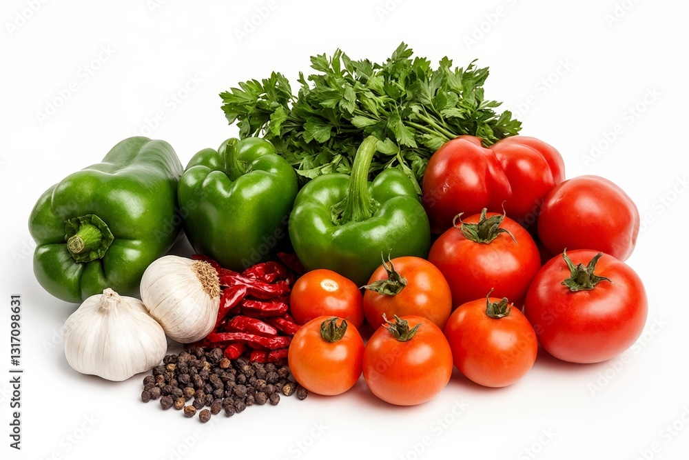 Variedad de verduras frescas como pimientos, tomates y ajo, listas para cocinar. Variedad de verduras frescas como pimientos, tomates y ajo, listas para cocinar.