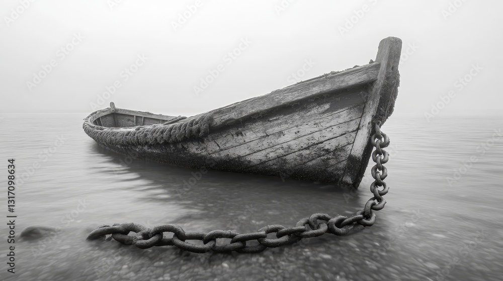 Fototapeta premium Anchored ship in foggy sea travel trip cruise stop serene environment perspective on the chain of adventure