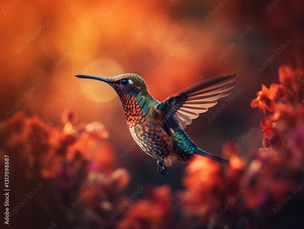 Fototapeta premium Hummingbird in Flight Amidst Vibrant Orange and Red Flowers
