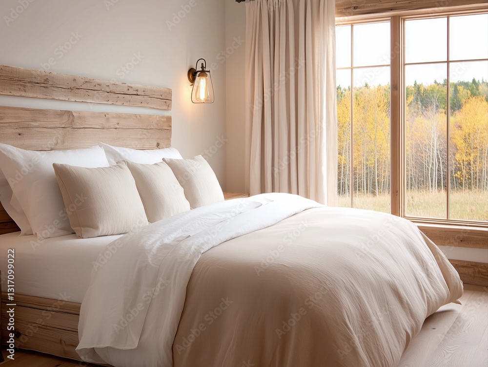 Fototapeta premium Tranquil Minimalist Bedroom Oasis with Expansive Countryside Views
