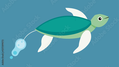 Sea Turtle with Plastic Bag A sea turtle is swimming through the water with a plastic shopping bag caught around its fin highlighting the dangers of plastic waste.