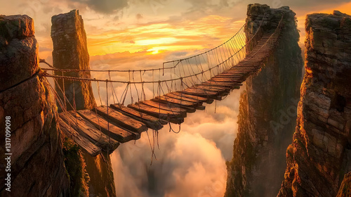 Scenic Rope Bridge Connecting Cliffs at Sunset. Mountain Landscape with Scenic Rope Bridge Connecting Cliffs at Sunset