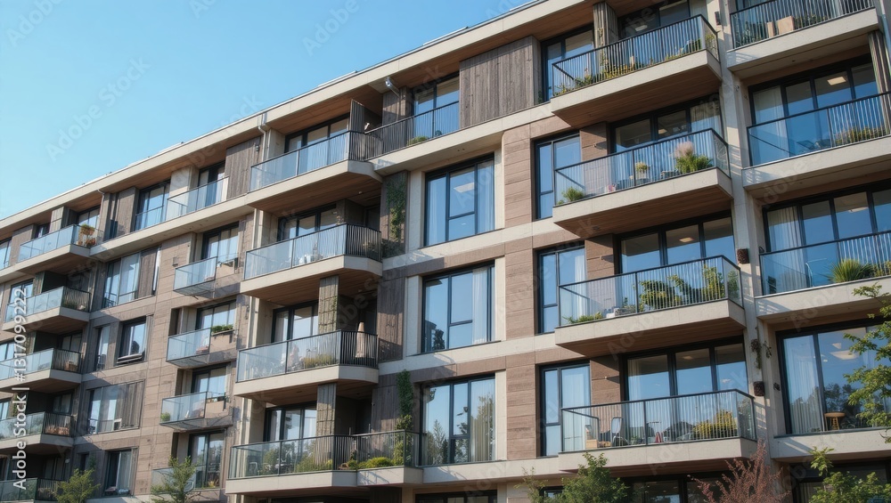 Contemporary Residential Building with Glass Balconies and Lush Greenery Under Clear Blue Sky Contemporary Residential Building with Glass Balconies and Lush Greenery Under Clear Blue Sky