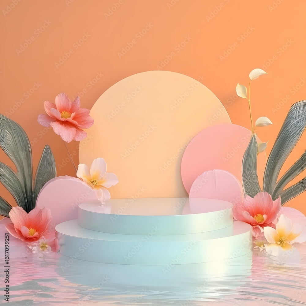 A podium with a modern touch, featuring Songkran-inspired water and flower elements, set against a gradient-colored background, empty space for product display