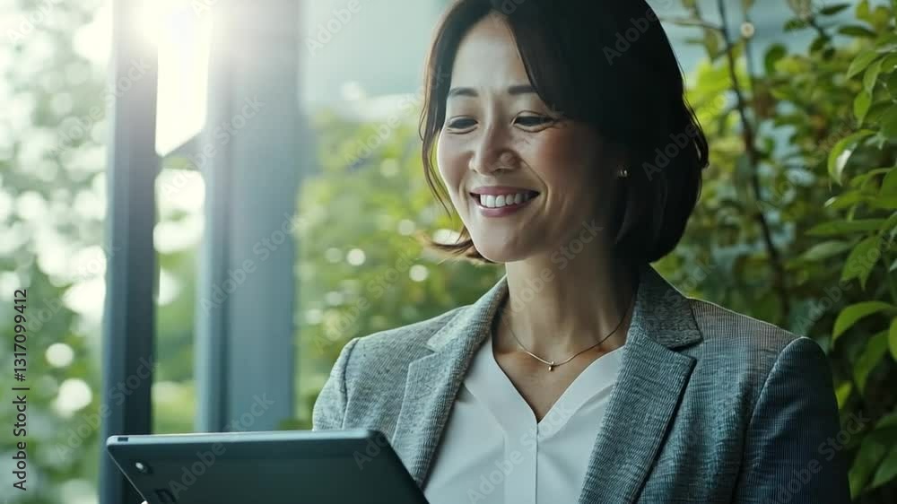 Smiling Asian businesswoman working on tablet in modern office with lush greenery