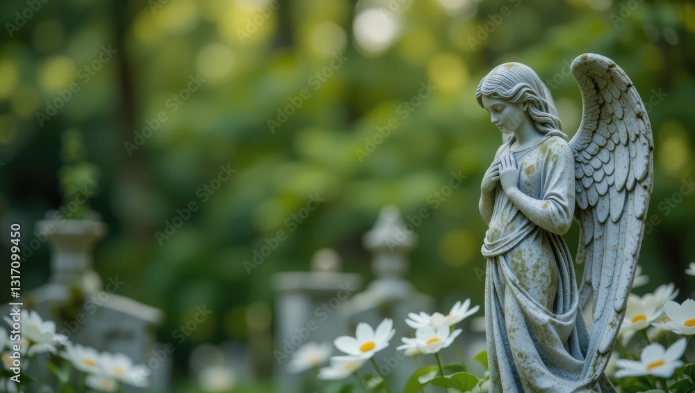Delicate Angel Statue Surrounded by White Daisies in a Serene Cemetery Setting Delicate Angel Statue Surrounded by White Daisies in a Serene Cemetery Setting