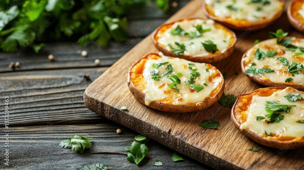 A fashion-style photo of delicious, multiple brown sweet potato skins filled with cheese and topped with coriander leaves A fashion-style photo of delicious, multiple brown sweet potato skins filled with cheese and topped with coriander leaves