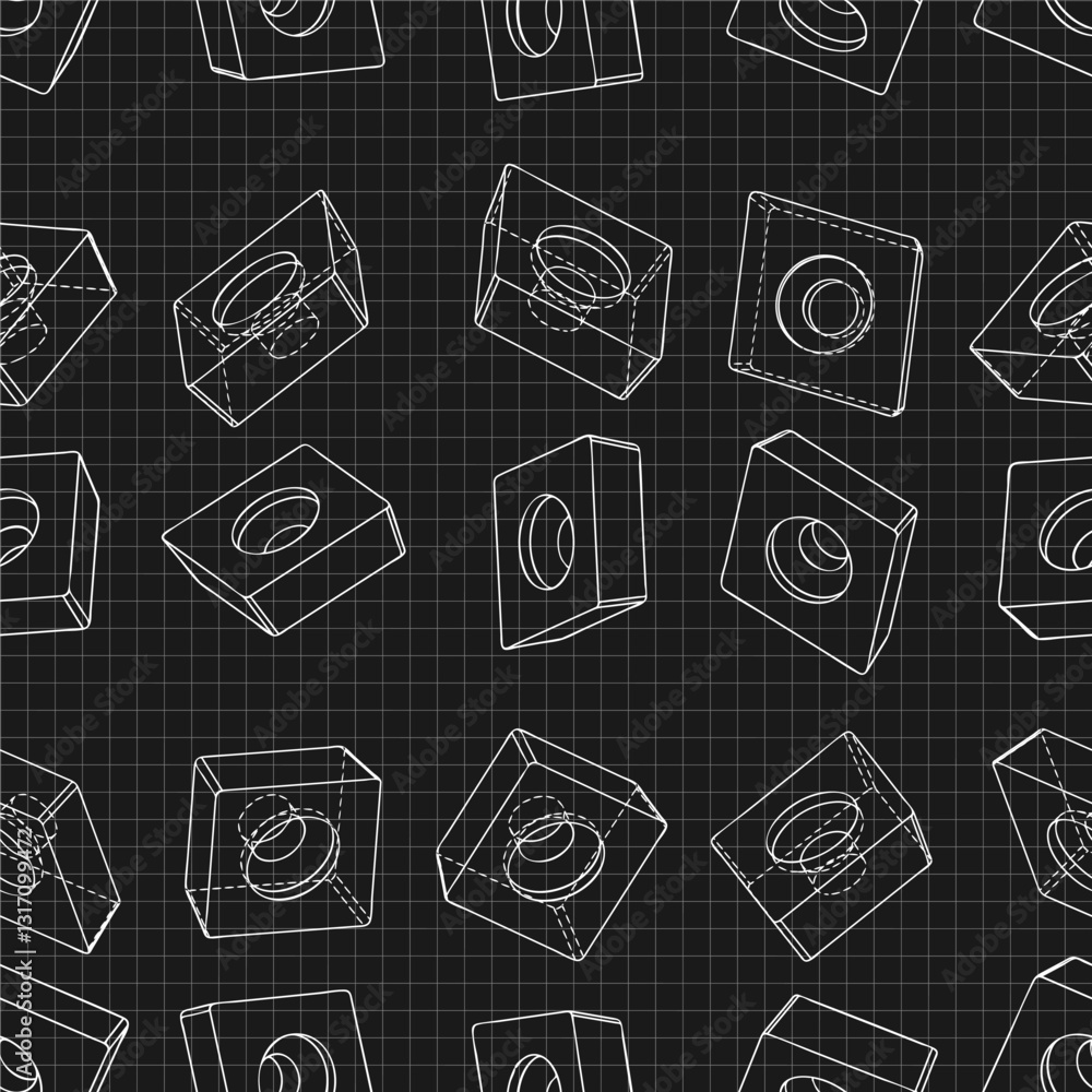 Mechanical engineering drawings on black background. Cutter, assembly tool with replaceable multi-faceted plate. Technical Design. Cover. Blueprint. Vector illustration. Seamless pattern. Mechanical engineering drawings on black background. Cutter, assembly tool with replaceable multi-faceted plate. Technical Design. Cover. Blueprint. Vector illustration. Seamless pattern.