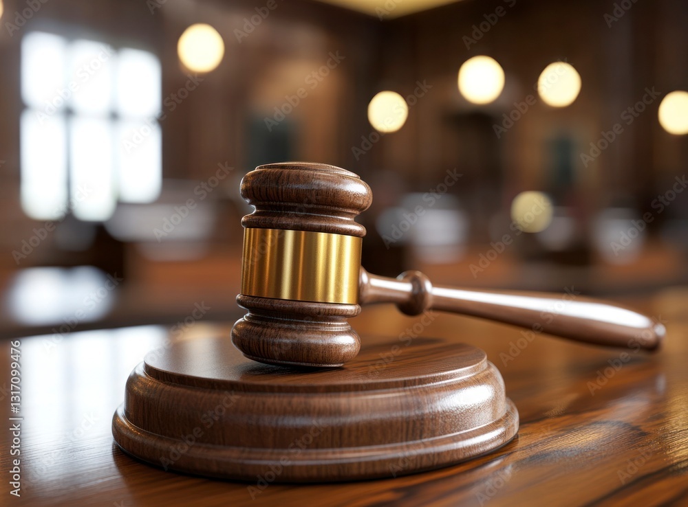 Wooden Gavel and Sound Block on Table in Courtroom Scene Wooden Gavel and Sound Block on Table in Courtroom Scene